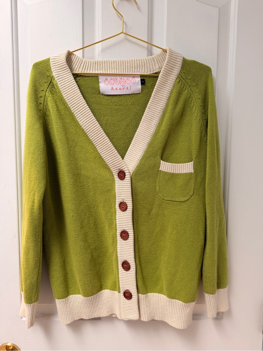 🌸M/S Clammy Heart Lime Green Contrast-Trim V-Neck Button Cardigan🌸